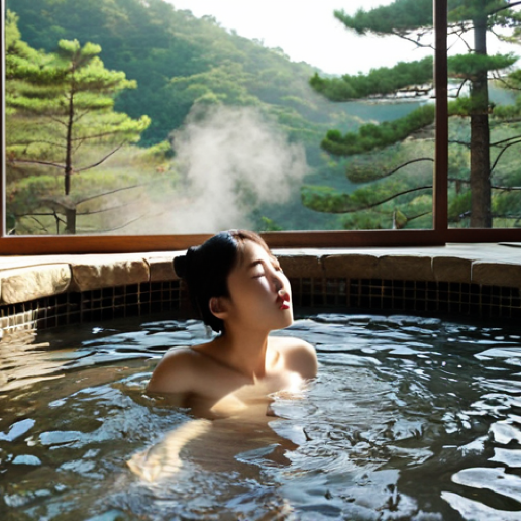 **

A serene scene of a person relaxing in a traditional Korean Onsen (hot spring). Steam gently rises from the water, and the warm light reflects on the smooth stones surrounding the pool. In the background, through a window or opening, a glimpse of a lush green pine forest can be seen. The overall feeling should be one of peace, tranquility, and escape from everyday stress. Focus on the textures of the water, stone, and foliage.

**