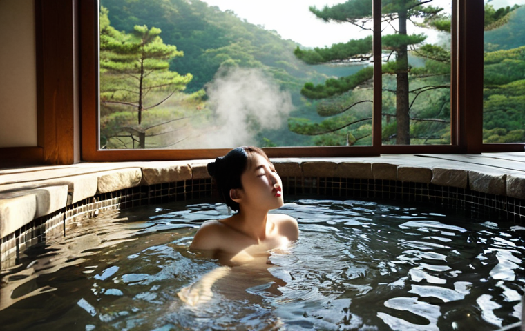 **

A serene scene of a person relaxing in a traditional Korean Onsen (hot spring). Steam gently rises from the water, and the warm light reflects on the smooth stones surrounding the pool. In the background, through a window or opening, a glimpse of a lush green pine forest can be seen. The overall feeling should be one of peace, tranquility, and escape from everyday stress. Focus on the textures of the water, stone, and foliage.

**