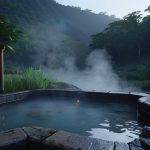 A serene outdoor hot spring (rotenburo) nestled in a lush natural landscape, with gentle steam rising from the warm water. Emphasize tranquility, peace, and deep relaxation. Morning mist or a clear, star-filled night sky, evoking a sense of healing and detachment from daily stress. Hyperrealistic, cinematic lighting, peaceful atmosphere.