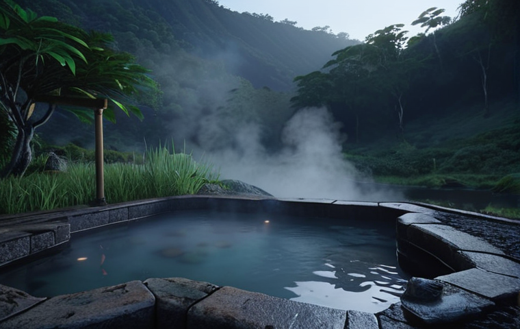 A serene outdoor hot spring (rotenburo) nestled in a lush natural landscape, with gentle steam rising from the warm water. Emphasize tranquility, peace, and deep relaxation. Morning mist or a clear, star-filled night sky, evoking a sense of healing and detachment from daily stress. Hyperrealistic, cinematic lighting, peaceful atmosphere.