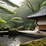 A serene and profound hot spring (onsen) experience, capturing the essence of historical discovery and holistic wellness. A person, with a relaxed expression, is seen engaging in gentle meditation or a mindful exercise in a secluded outdoor onsen, with steam gracefully rising. The backdrop subtly features ancient Japanese architecture and lush natural elements like moss-covered rocks and old trees, hinting at centuries of history. The lighting suggests either a peaceful dawn or a magical twilight, emphasizing deep tranquility and a connection to nature and culture.