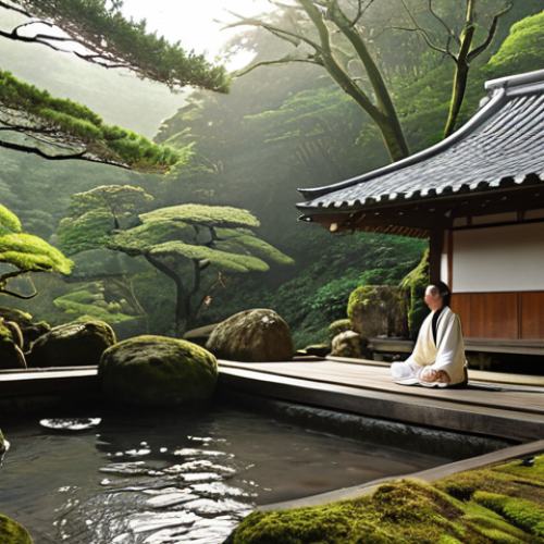 A serene and profound hot spring (onsen) experience, capturing the essence of historical discovery and holistic wellness. A person, with a relaxed expression, is seen engaging in gentle meditation or a mindful exercise in a secluded outdoor onsen, with steam gracefully rising. The backdrop subtly features ancient Japanese architecture and lush natural elements like moss-covered rocks and old trees, hinting at centuries of history. The lighting suggests either a peaceful dawn or a magical twilight, emphasizing deep tranquility and a connection to nature and culture.