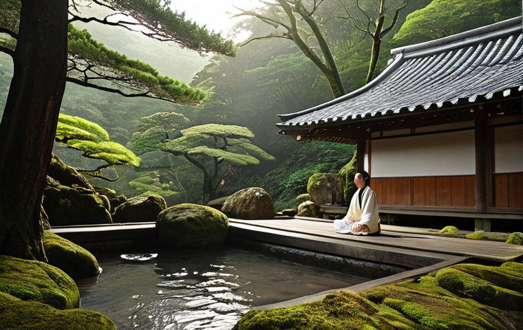 A serene and profound hot spring (onsen) experience, capturing the essence of historical discovery and holistic wellness. A person, with a relaxed expression, is seen engaging in gentle meditation or a mindful exercise in a secluded outdoor onsen, with steam gracefully rising. The backdrop subtly features ancient Japanese architecture and lush natural elements like moss-covered rocks and old trees, hinting at centuries of history. The lighting suggests either a peaceful dawn or a magical twilight, emphasizing deep tranquility and a connection to nature and culture.