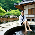 **Prompt:** A professional woman wearing modest clothing enjoys a relaxing foot bath in a traditional Korean onsen village, fully clothed, surrounded by lush greenery and traditional architecture, safe for work, appropriate content, perfect anatomy, correct proportions, natural pose, professional photography, high quality, family-friendly.