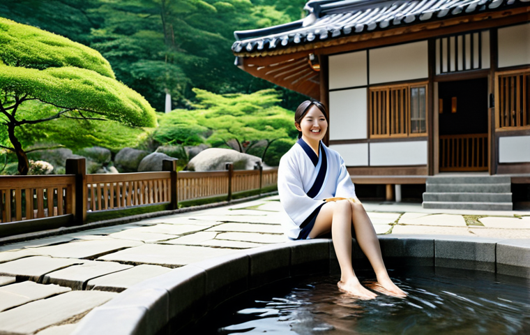**Prompt:** A professional woman wearing modest clothing enjoys a relaxing foot bath in a traditional Korean onsen village, fully clothed, surrounded by lush greenery and traditional architecture, safe for work, appropriate content, perfect anatomy, correct proportions, natural pose, professional photography, high quality, family-friendly.