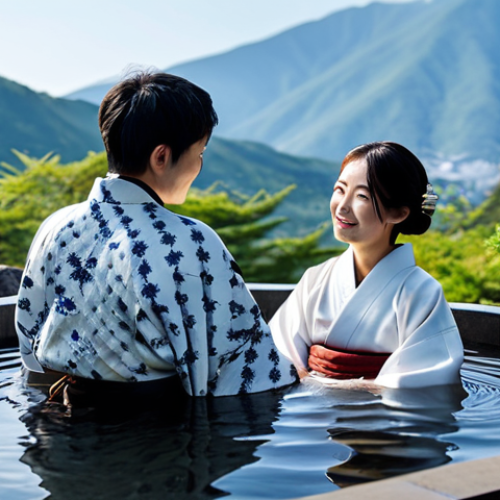 **

"A couple relaxing in a rotenburo (outdoor hot spring bath) overlooking a serene mountain landscape, fully clothed in yukata robes, appropriate attire, safe for work, perfect anatomy, natural proportions, professional photography, high quality, family-friendly. Steam rises gently from the water."

**