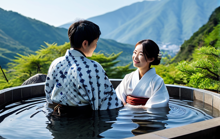 **

"A couple relaxing in a rotenburo (outdoor hot spring bath) overlooking a serene mountain landscape, fully clothed in yukata robes, appropriate attire, safe for work, perfect anatomy, natural proportions, professional photography, high quality, family-friendly. Steam rises gently from the water."

**