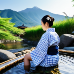 온천 건강효과 - Relaxing Onsen Experience**

"A woman enjoying a relaxing onsen experience in a traditional Japanese...
