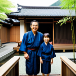 핫스프링 가족 여행 - "A family enjoying a private onsen experience in a modern, minimalist ryokan. The family (parents an...