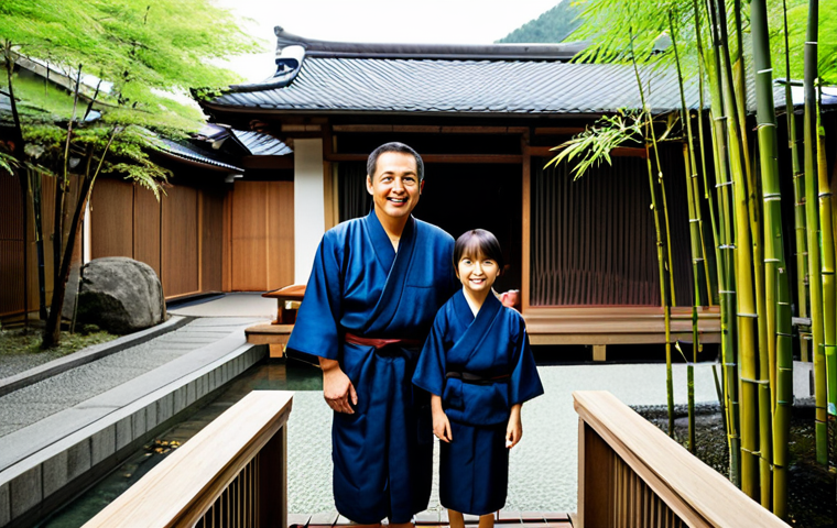 핫스프링 가족 여행 - "A family enjoying a private onsen experience in a modern, minimalist ryokan. The family (parents an...