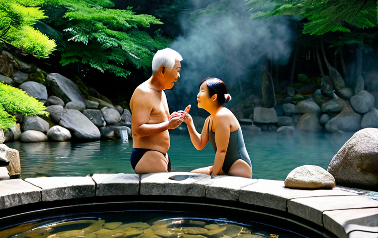 핫스프링 가족 여행 - "A family enjoying a private onsen experience in a modern, minimalist ryokan. The family (parents an...
